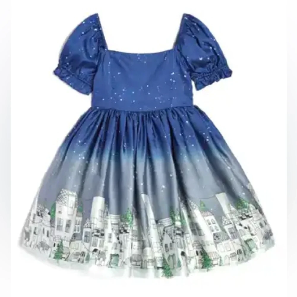 NWT Pippa & Julie Camilla Starry Night Whimsical Townscape Houses Dress Girls 5